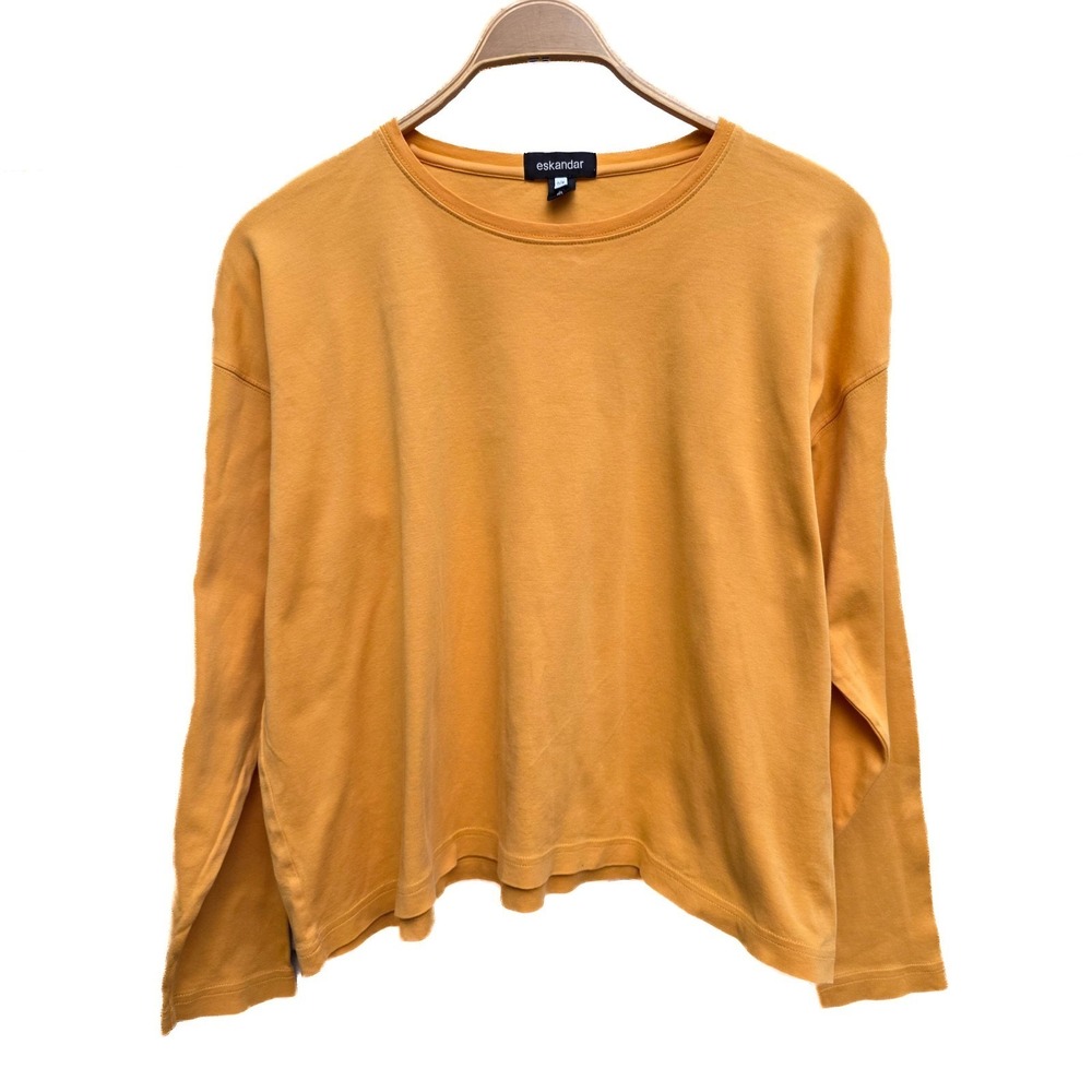 Eskandar Oversized Boxy Pima Cotton Marigold Crew Neck Long Sleeve Top Lagenlook